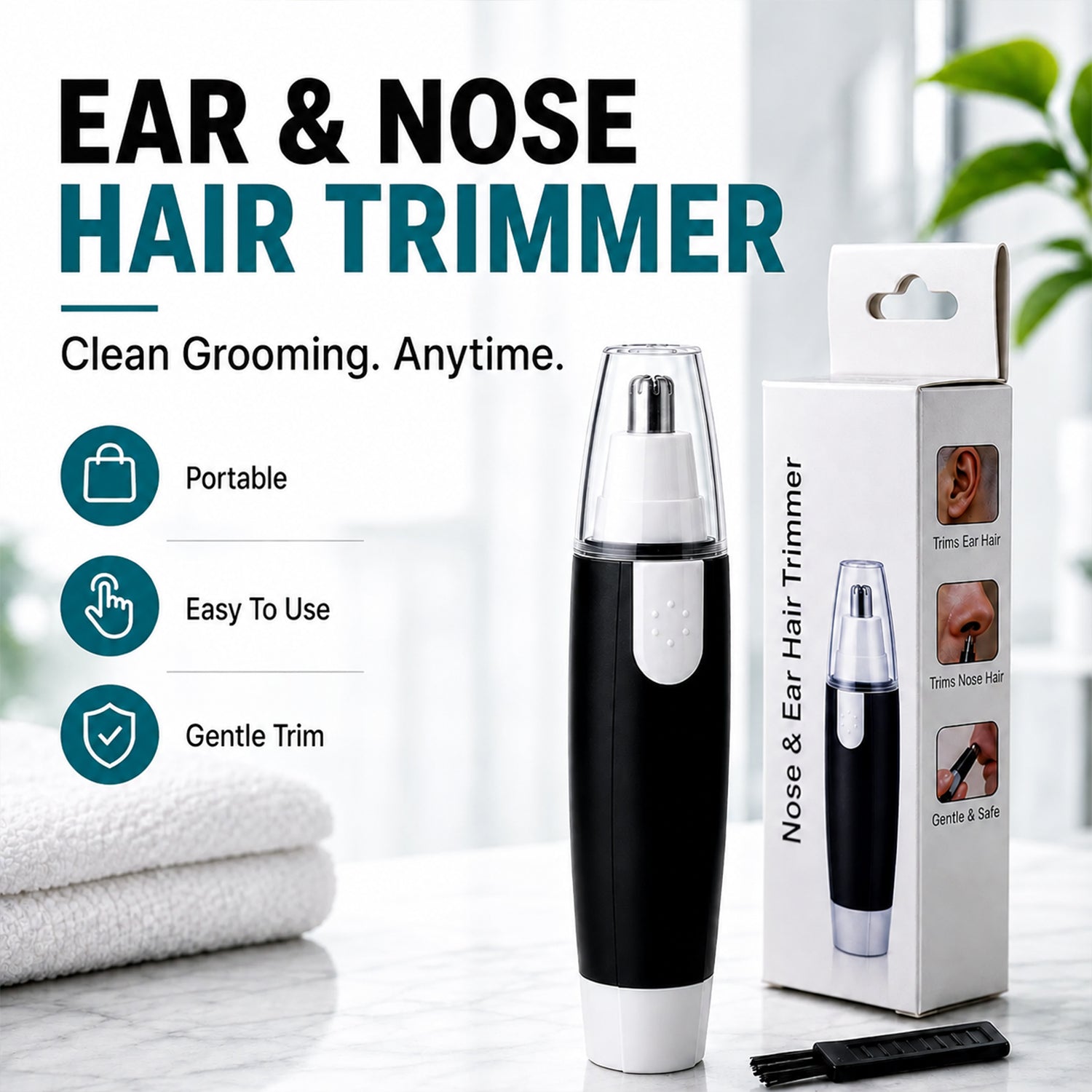 Lifestyle shot of the ear and nose hair trimmer ready for effortless grooming.
