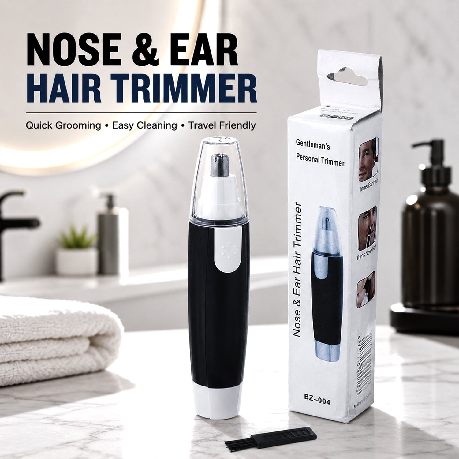 Product display of the ear and nose hair trimmer against a clean, simple background.