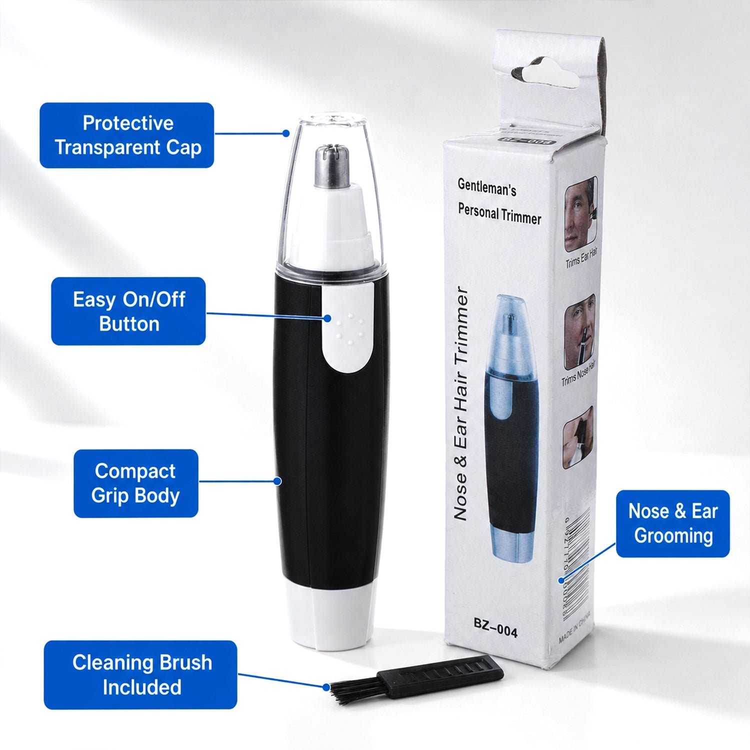 Angled view of the personal grooming device for ear and nose hair by Calm & Curl.