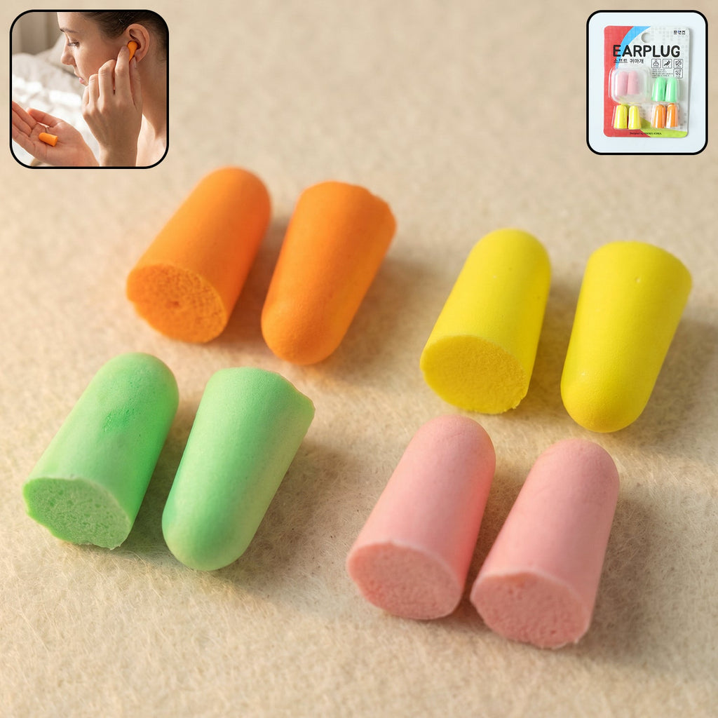 Soft foam earplugs in blue, green, yellow and orange colors for comfortable wear
