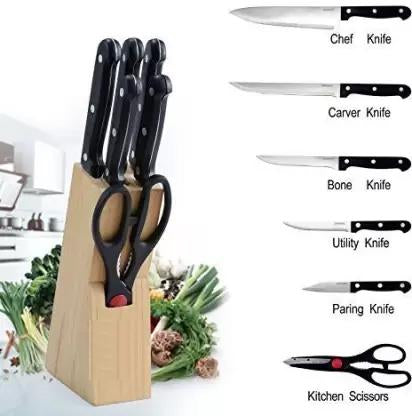Cutlery knife block set with ergonomic handles and tempered steel blades