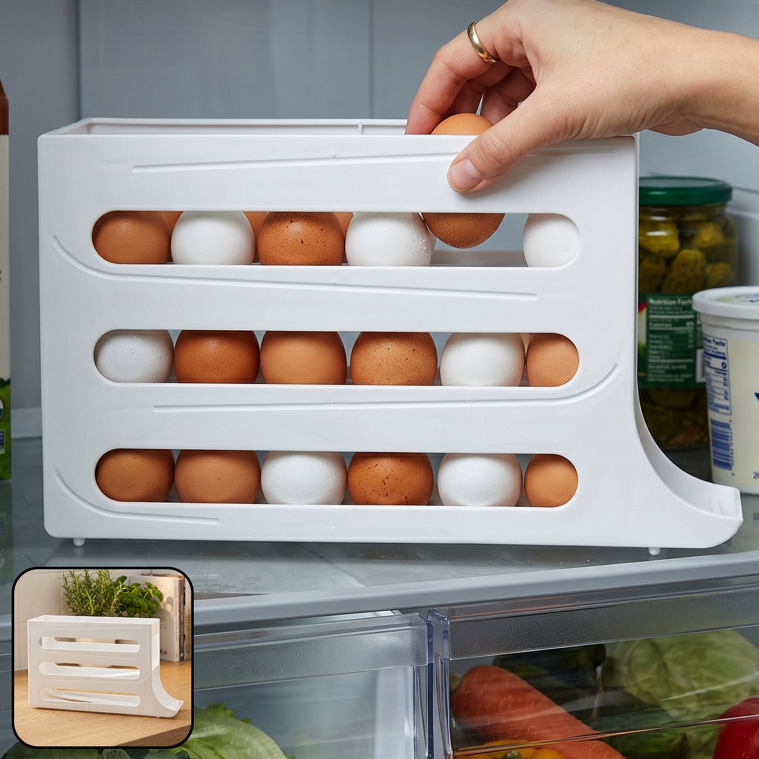 Plastic egg storage organizer in refrigerator for neat kitchen organization