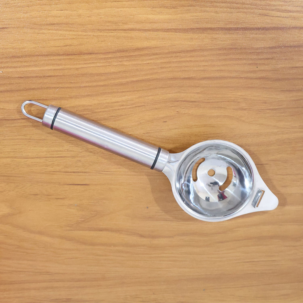 Stainless steel egg separator displayed with clean, shiny finish