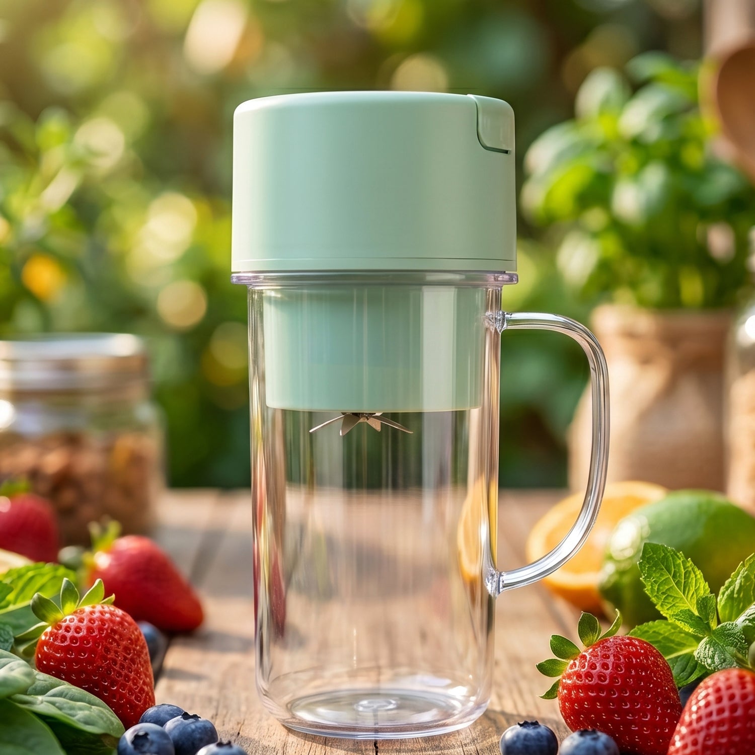 Person using portable electric juicer for fresh juice