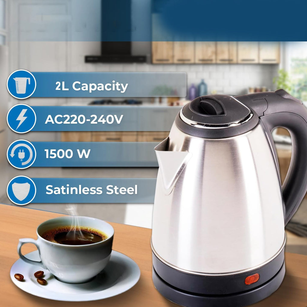 Stainless steel electric kettle placed on kitchen countertop