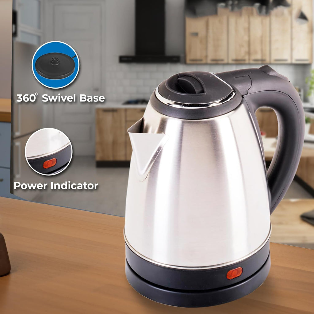 Side view of stainless steel electric kettle with easy-pour spout