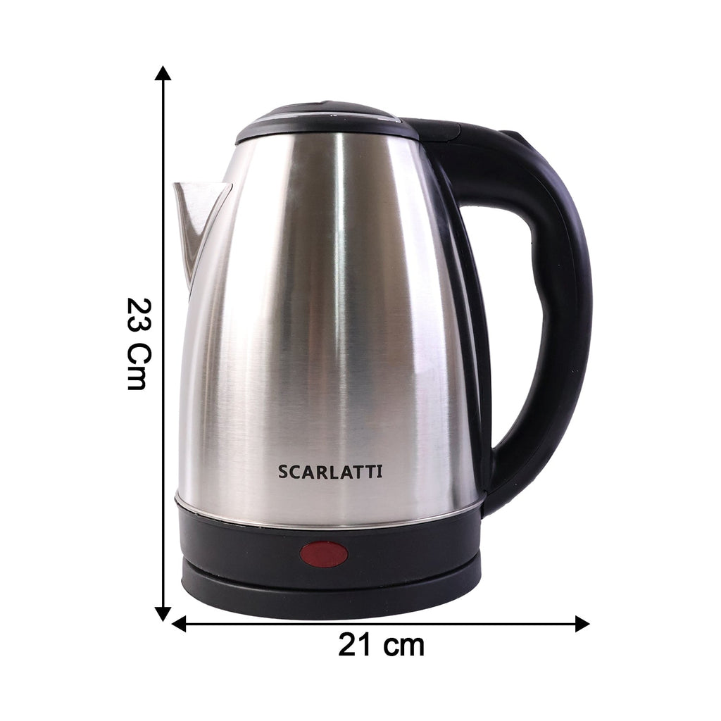 Front view of stainless steel electric kettle with compact design