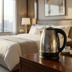 Close-up of fast boil electric kettle stainless steel body with safety auto shut-off
