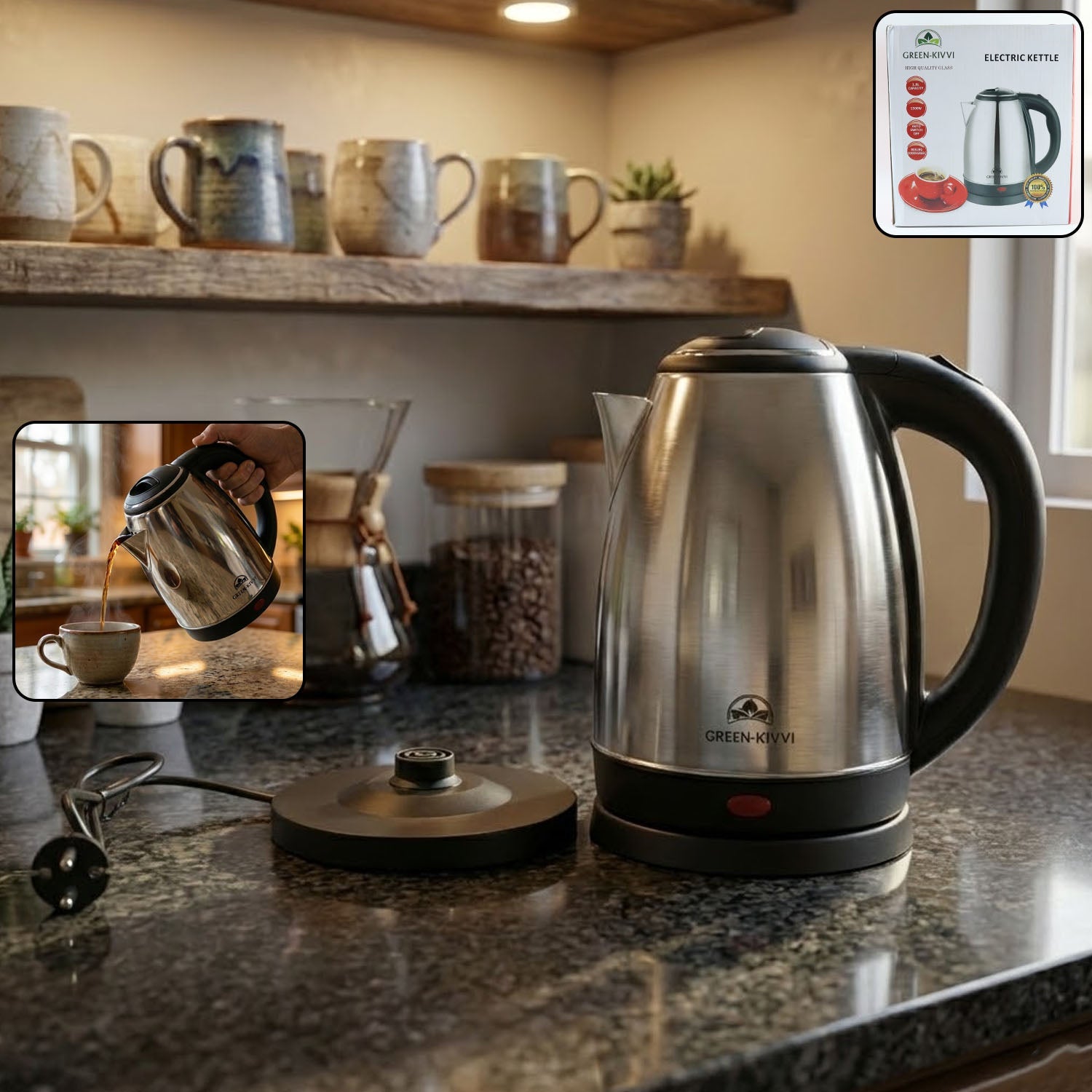 Electric stainless steel kettle with 1800ml capacity and fast boil technology