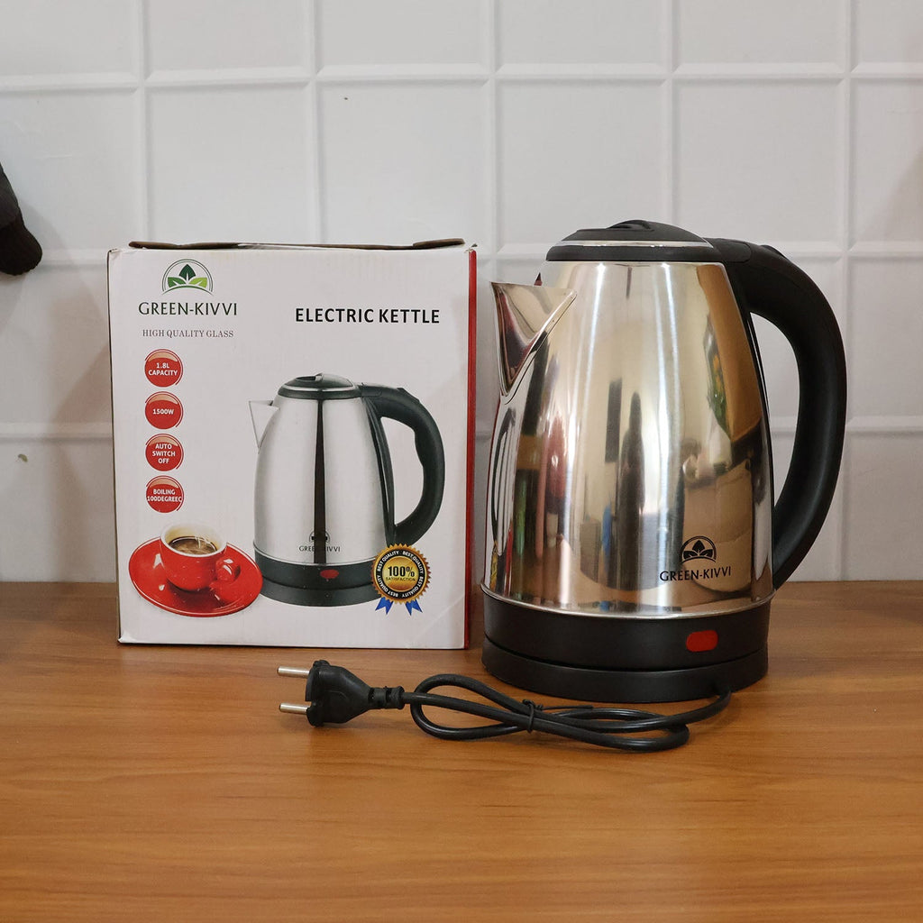 Lifestyle image of electric stainless steel kettle in home kitchen setting
