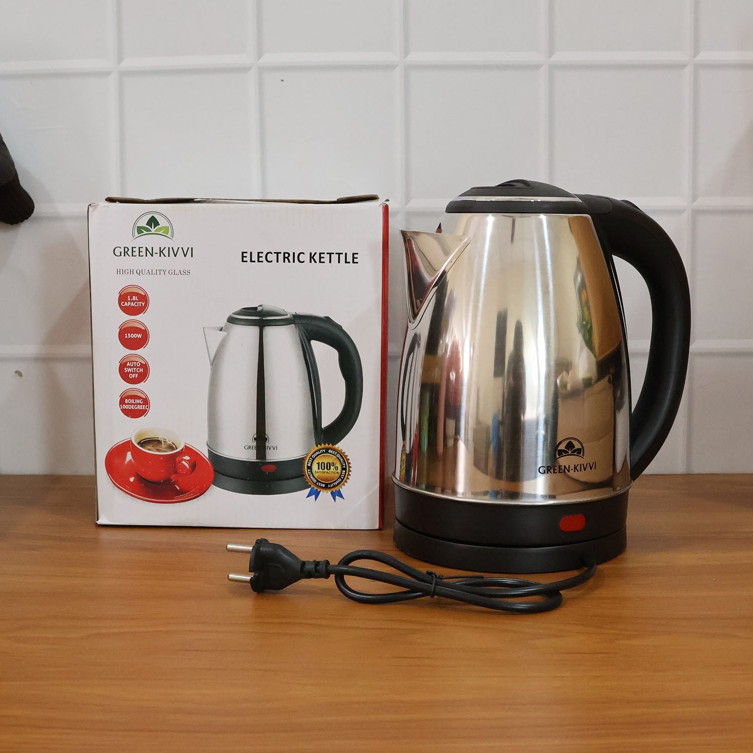 Lifestyle image of electric stainless steel kettle in home kitchen setting