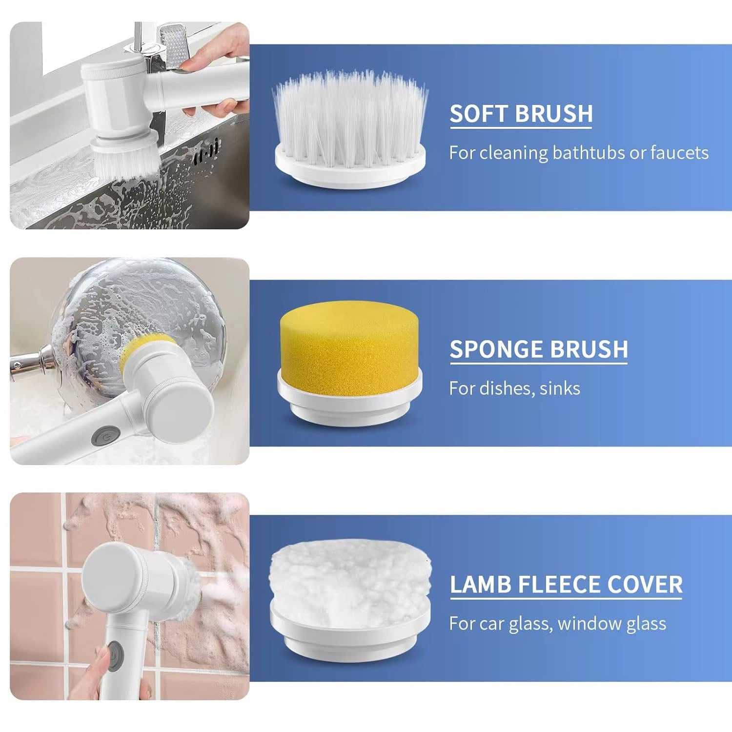 Electric spin scrubber featuring five replaceable brush heads for versatile cleaning