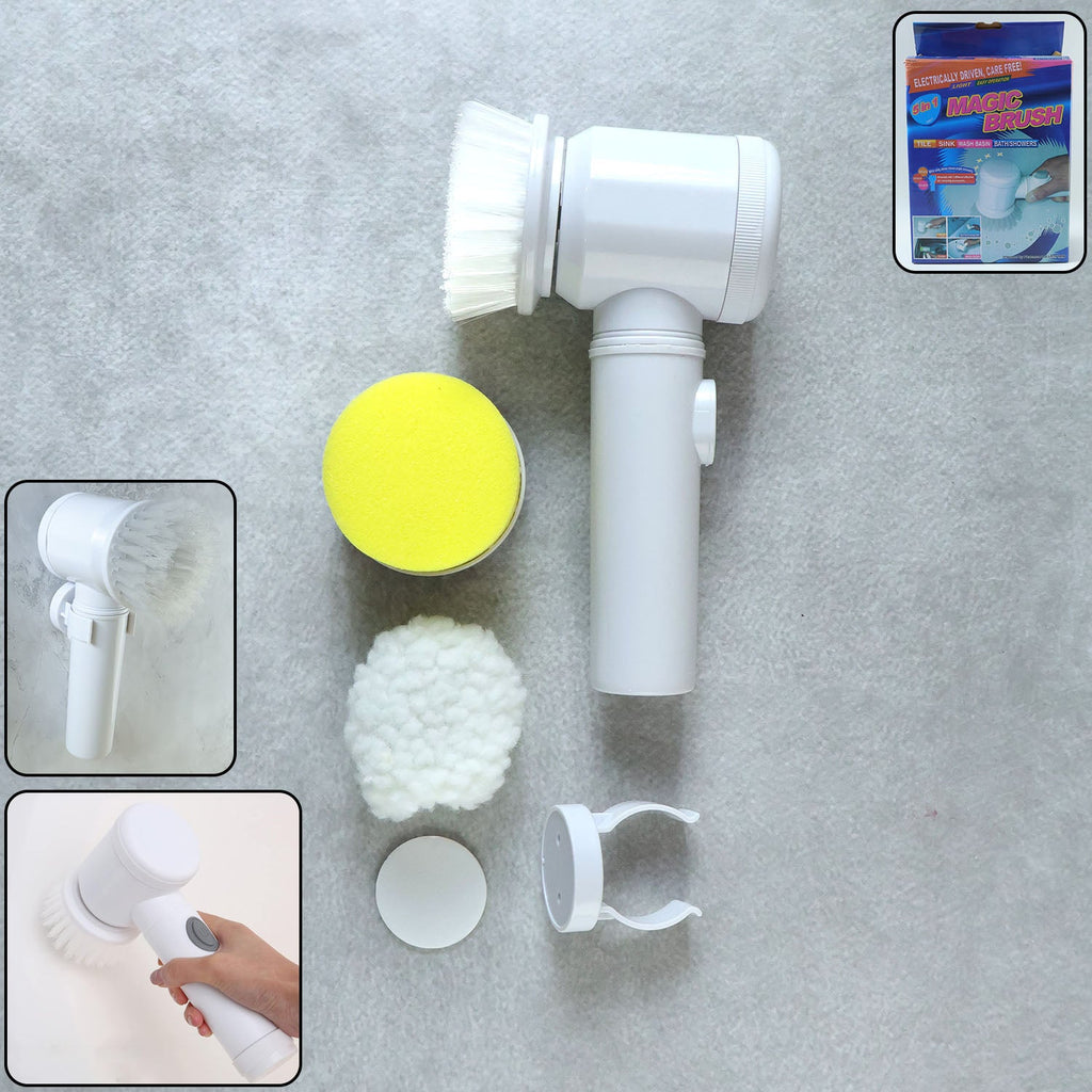 Electric spin cleaning brush in use cleaning a bathroom tile