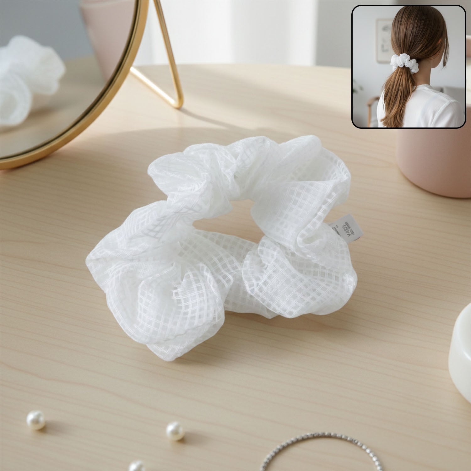 Elegant white mesh hair scrunchie for women and girls