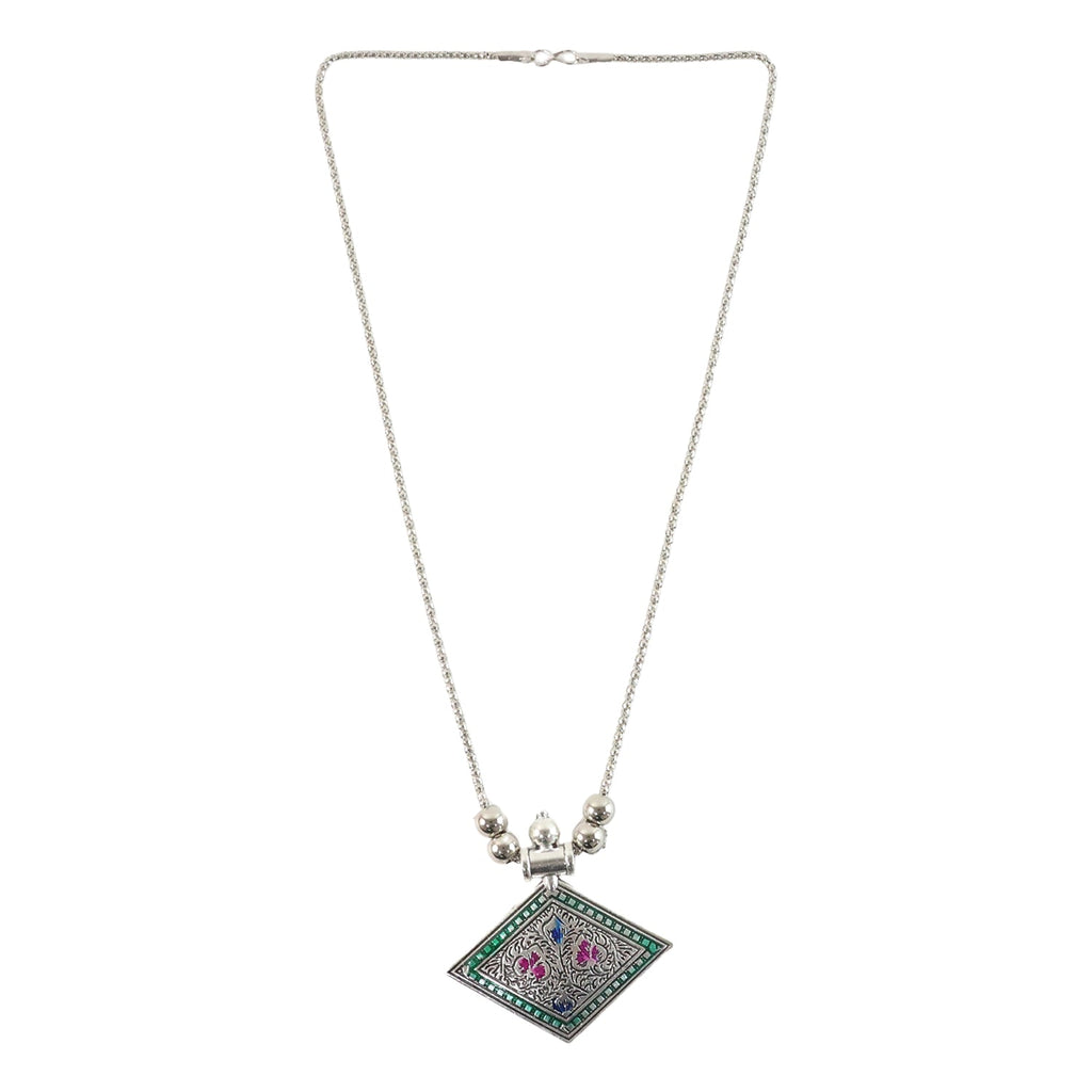 Beaded chain of oxidised silver pendant necklace complementing elegant ethnic style