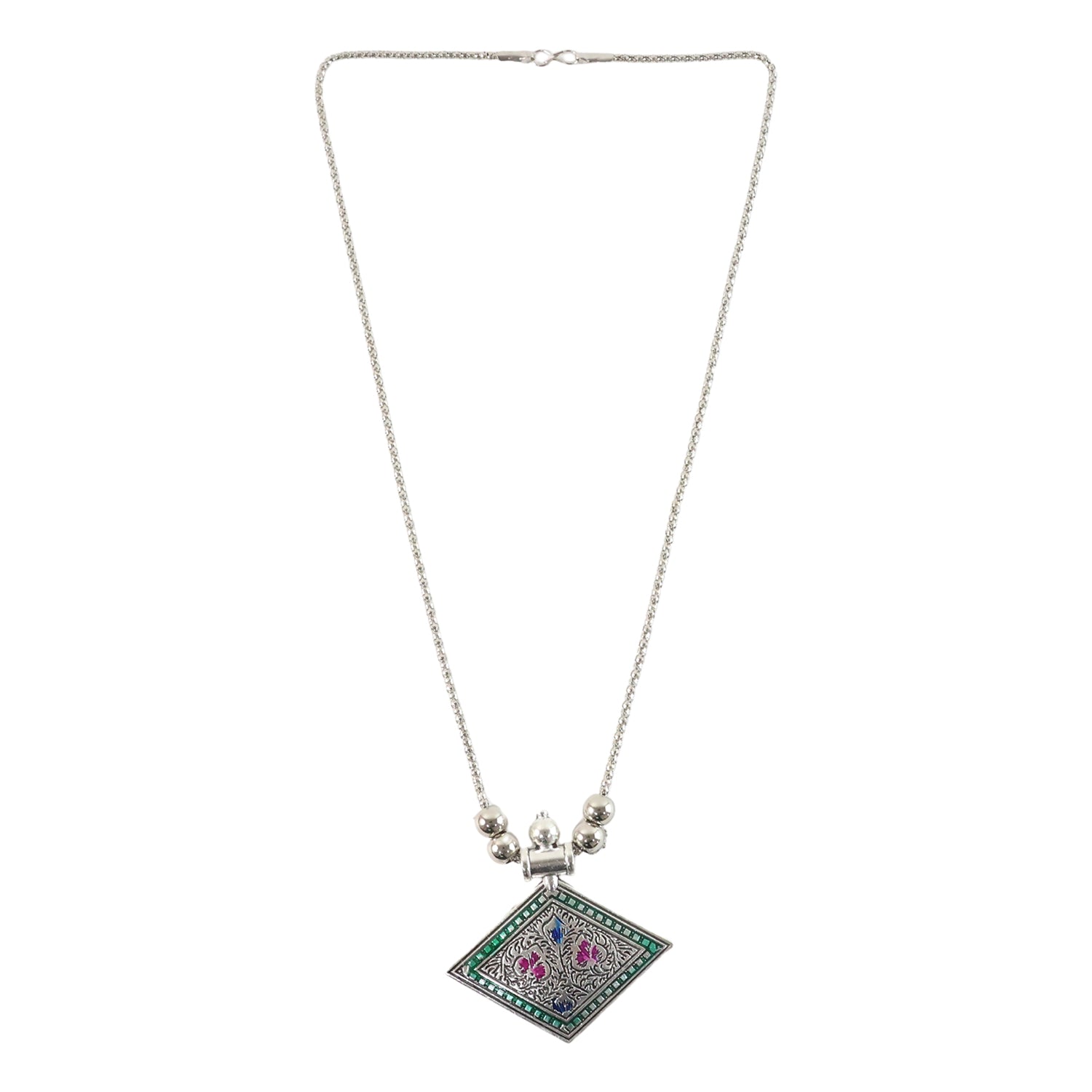 Beaded chain of oxidised silver pendant necklace complementing elegant ethnic style