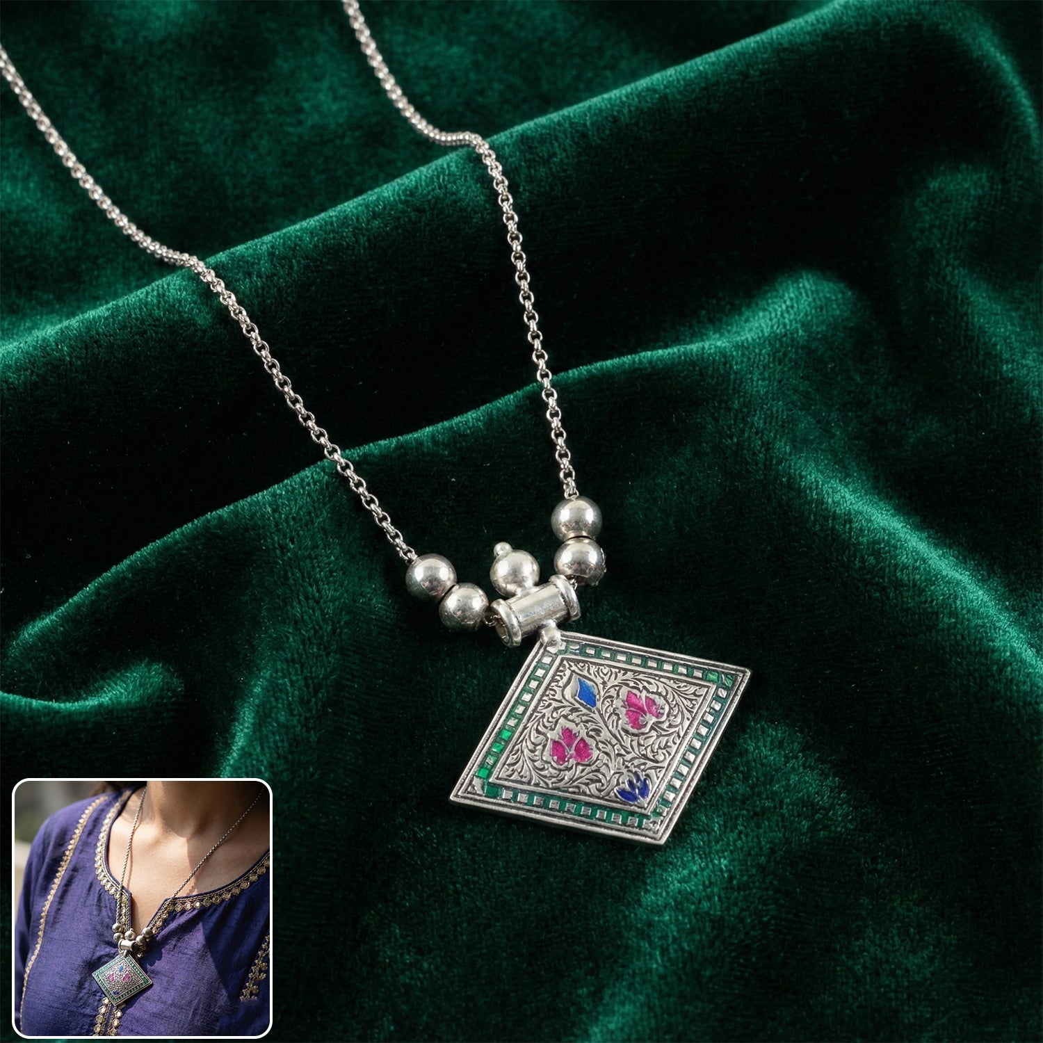 Traditional square motif oxidised silver pendant necklace with floral detailing