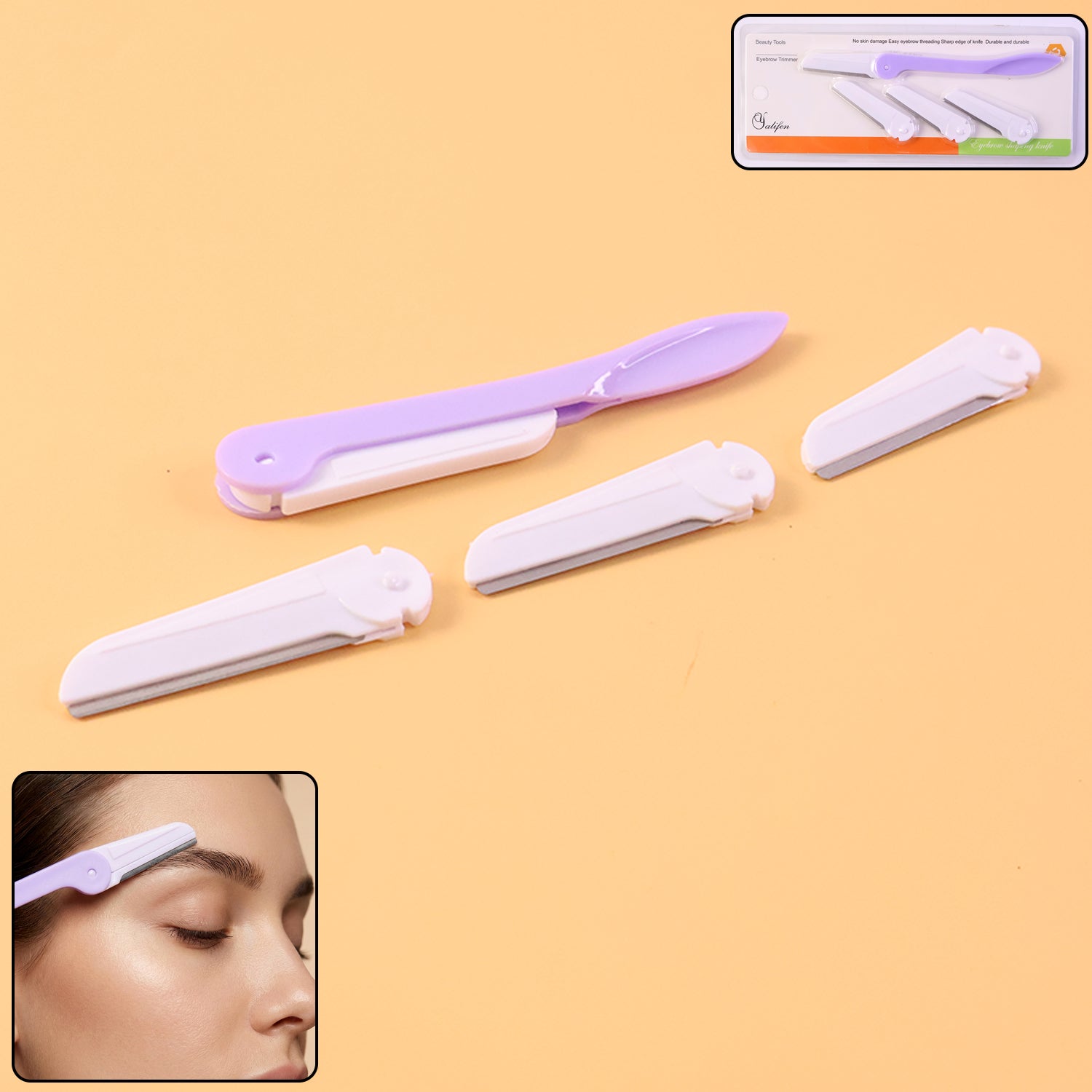 Eyebrow razor with 3 replaceable blades for precise facial grooming