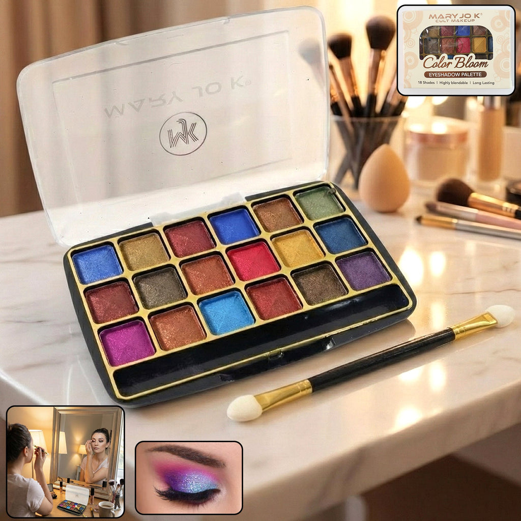 18-color shimmer eyeshadow palette closed in compact case showing sleek design