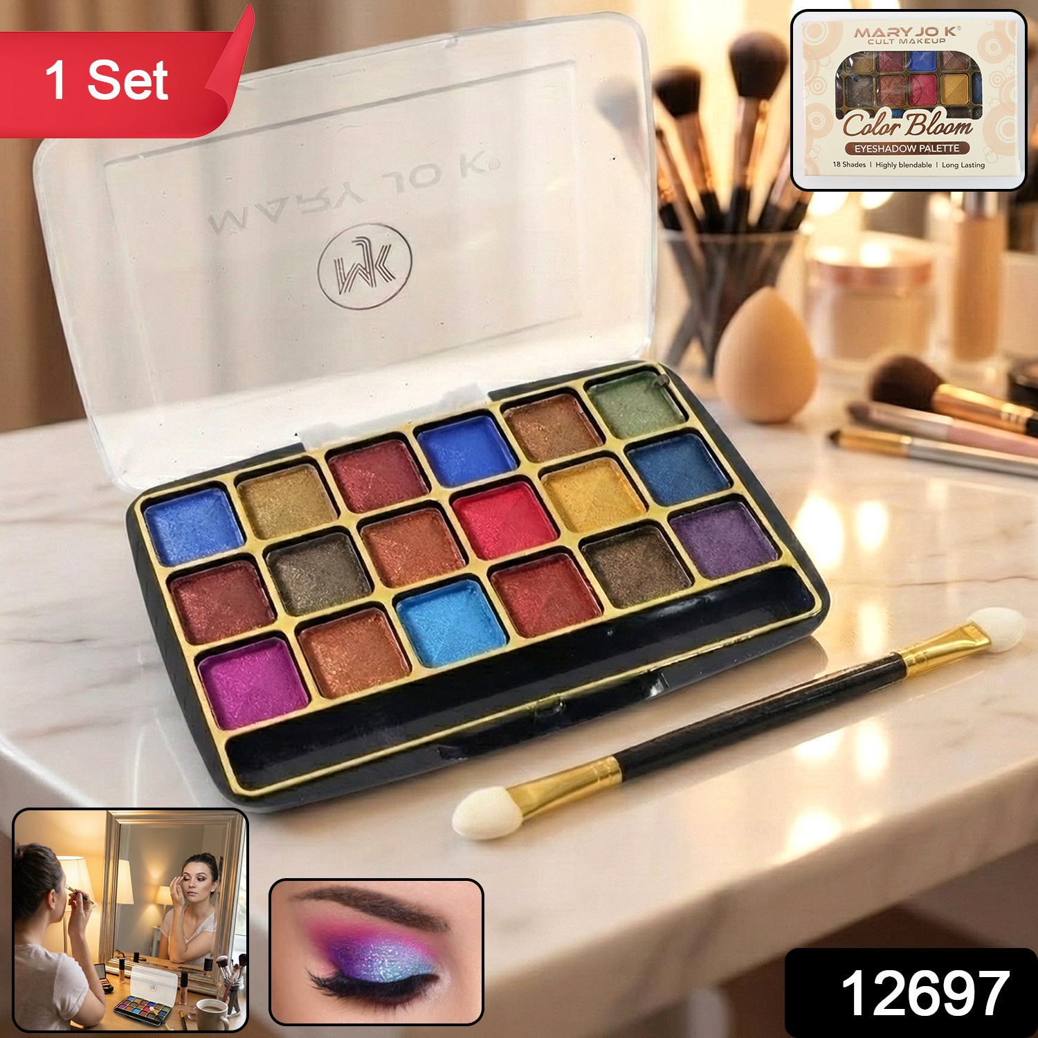 Open 18-color shimmer eyeshadow palette displaying metallic and glitter shimmer shades
