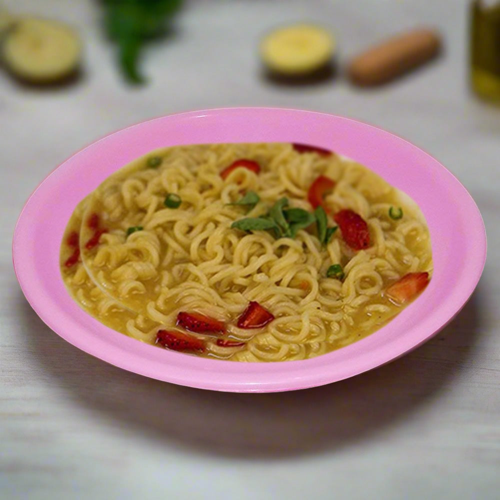 Six vibrant mini soup plates arranged neatly for serving.