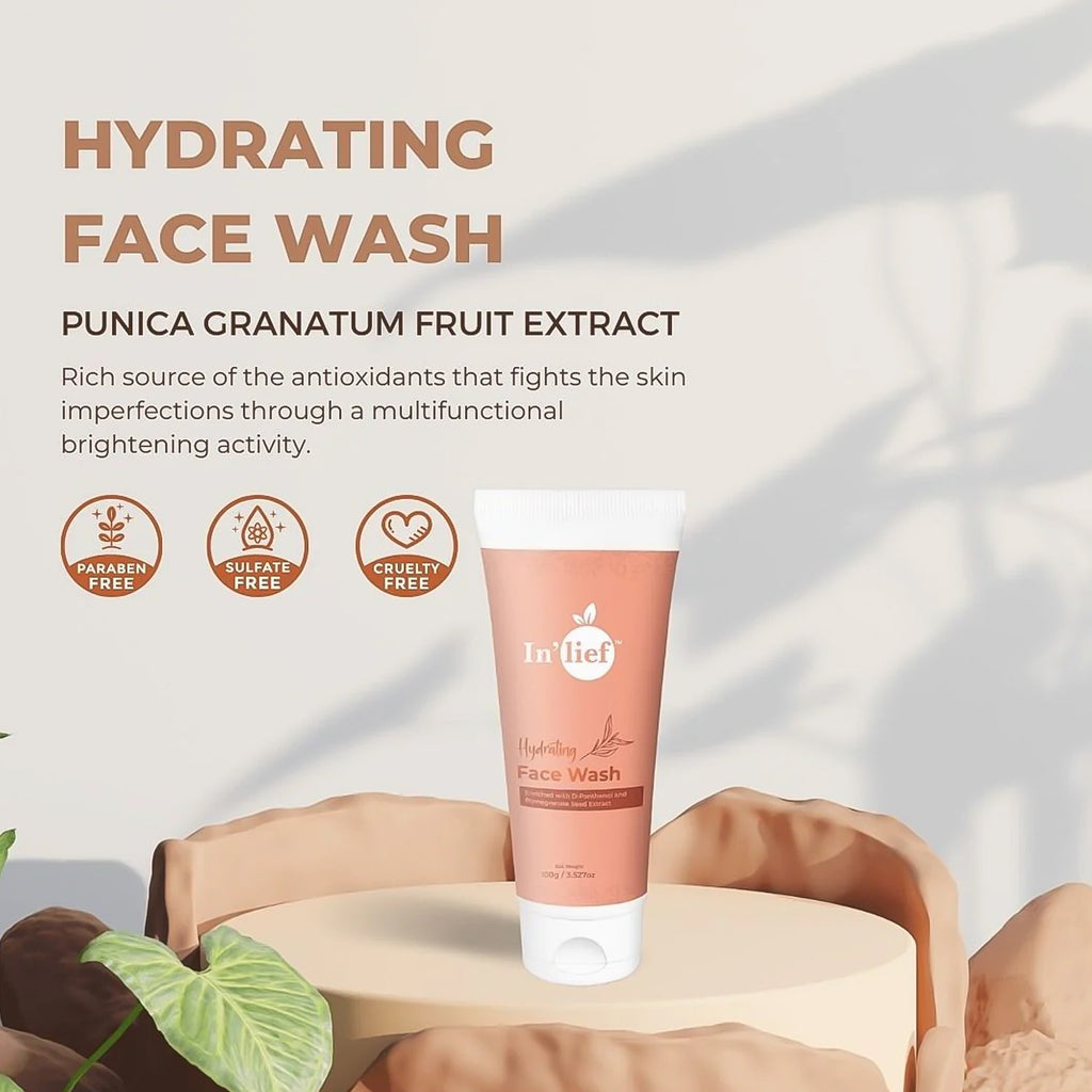 Angled front view of In'lief hydrating face wash tube
