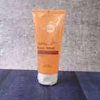Face wash tube showing product details and ingredient highlights