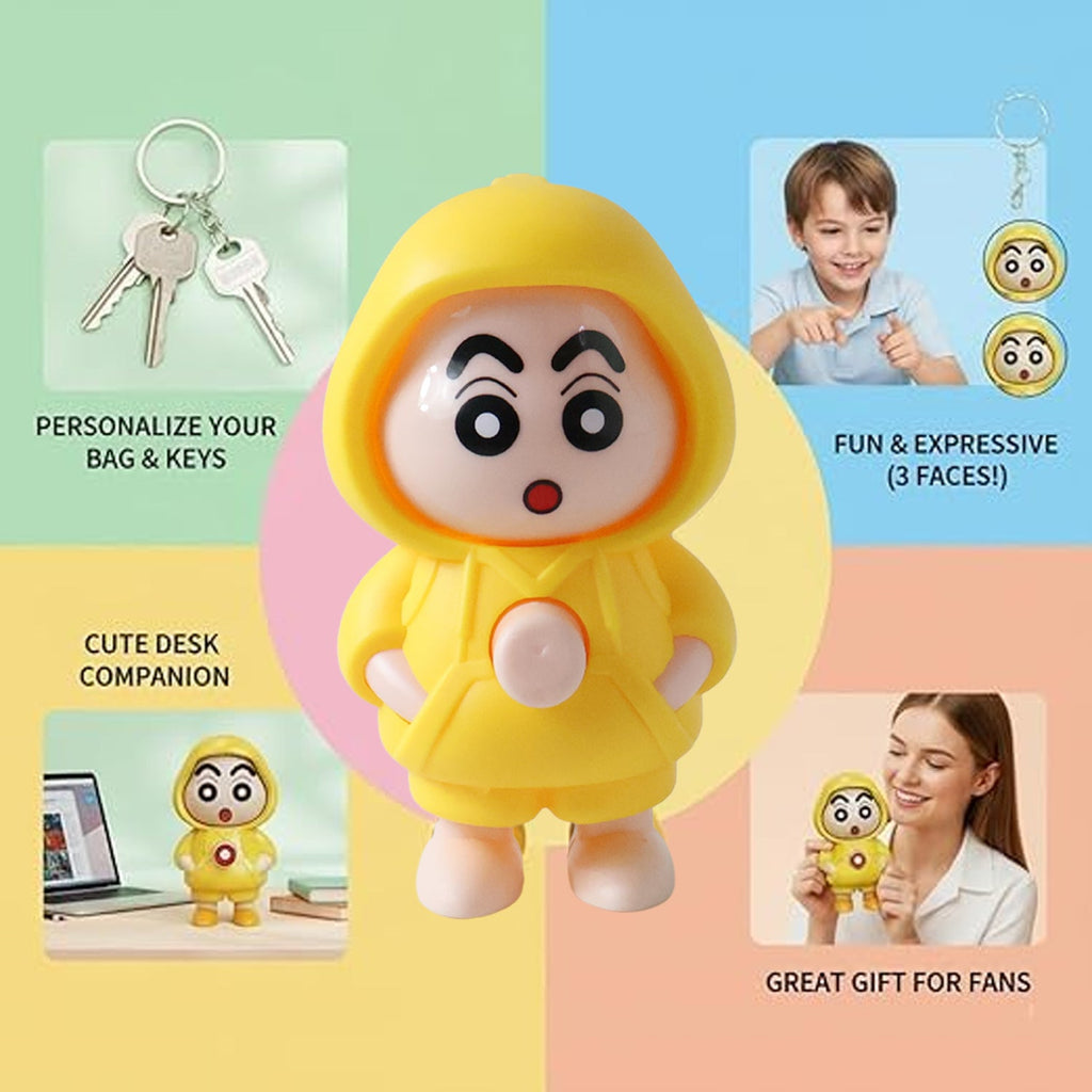 Close-up of face-changing doll keychain with animated expressions