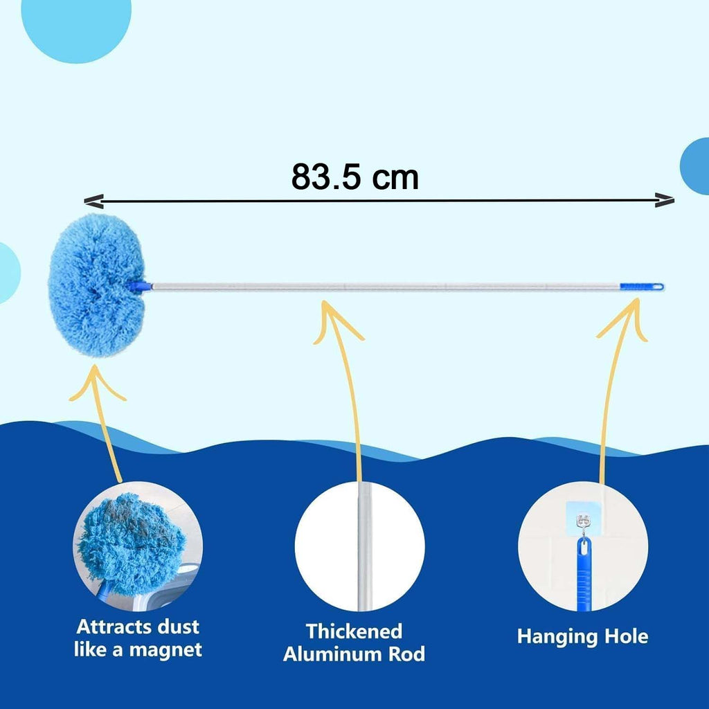 Cleaning duster size comparison showing compact and extendable features