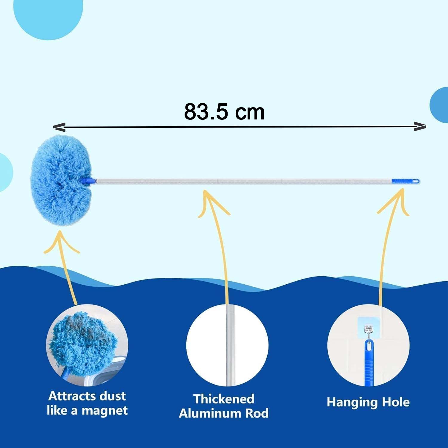 Cleaning duster size comparison showing compact and extendable features