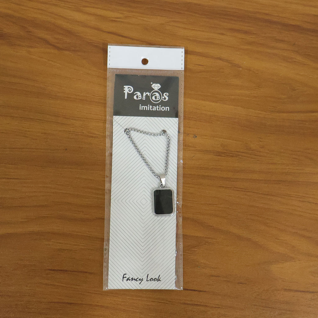 Model wearing men's stainless-steel pendant chain with black rectangular pendant necklace