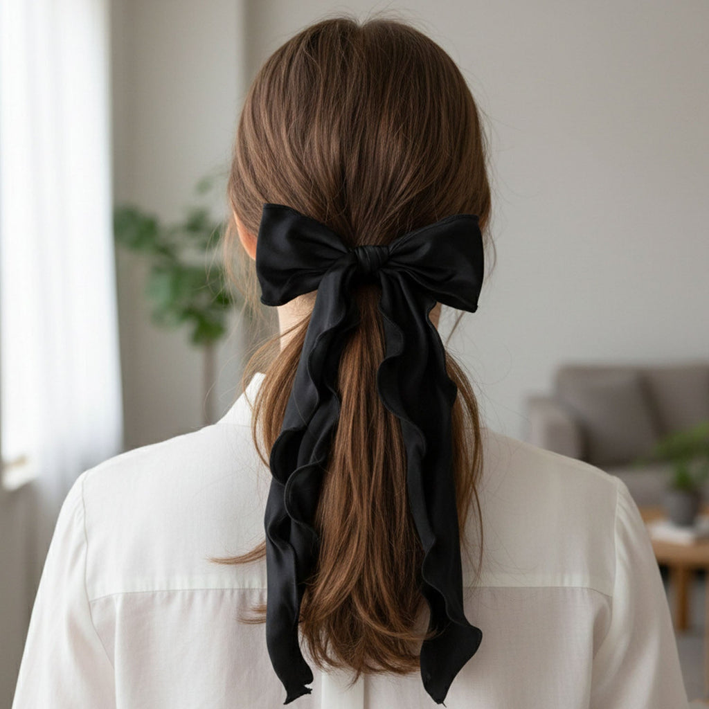 Mix color fabric hair scrunchie with decorative bow for ponytail styling