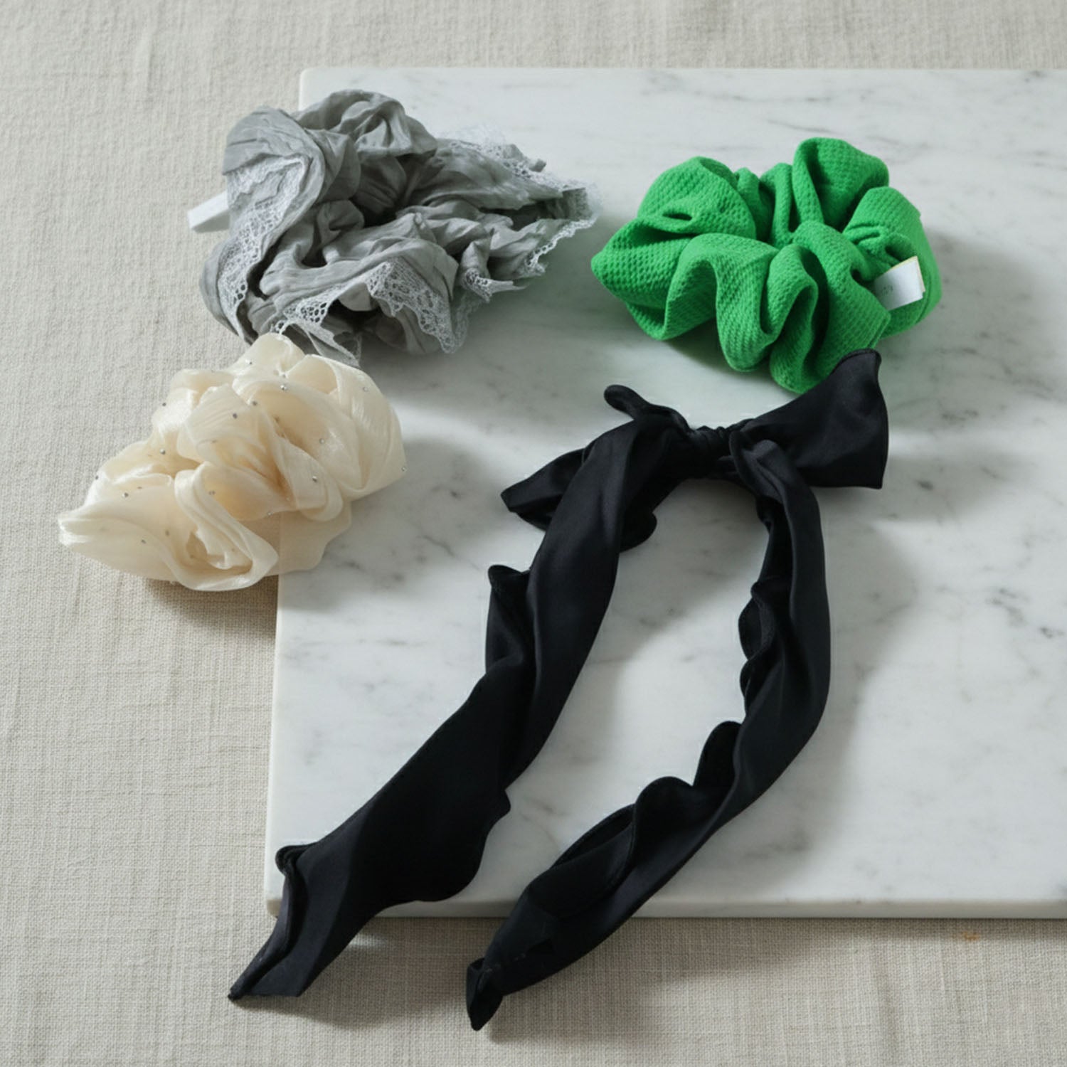Assorted fabric hair scrunchies with bow tie detail for girls and women