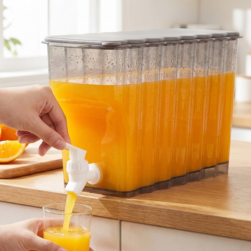 Side image of the plastic cold drink dispenser showing sleek rectangular shape
