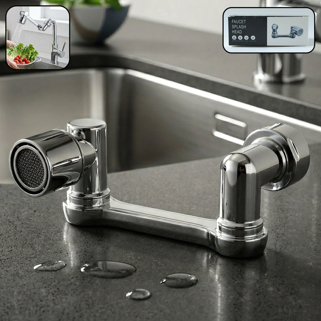 360 rotating faucet splash head in use in kitchen sink