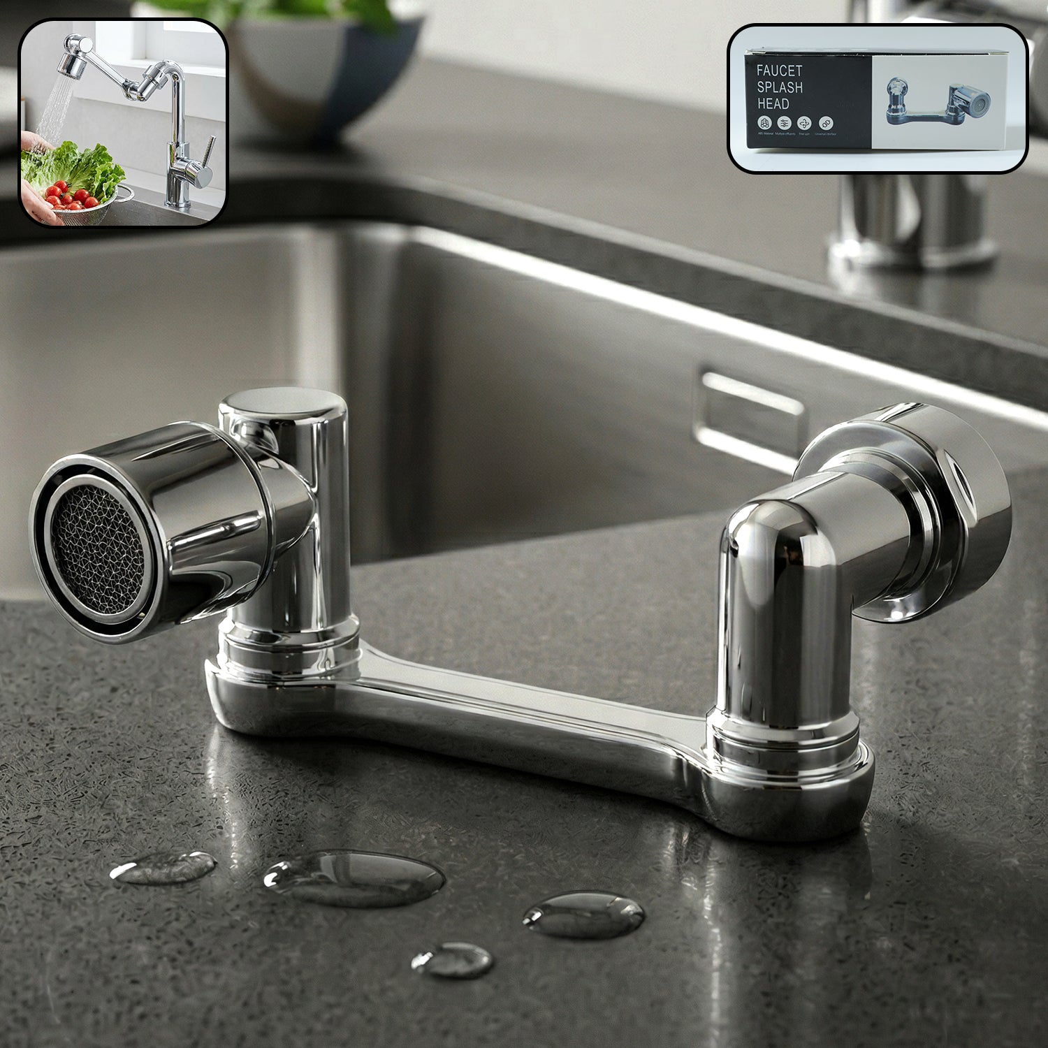 360 rotating faucet splash head in use in kitchen sink