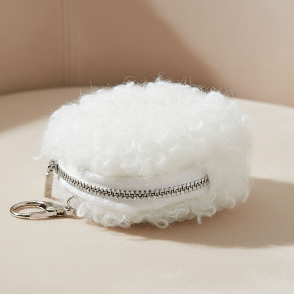 Mini plush coin purse front view with zipper closure