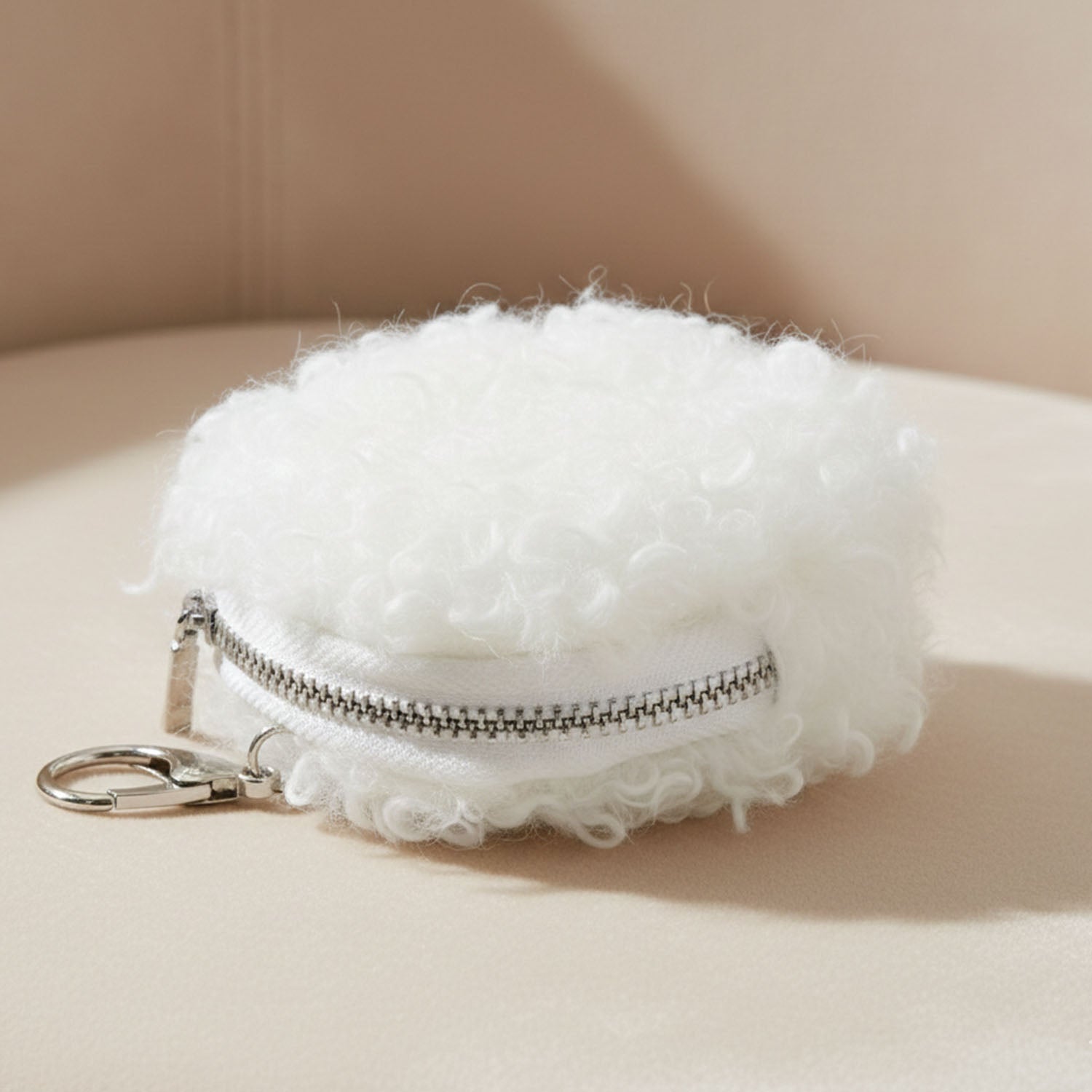 Mini plush coin purse front view with zipper closure