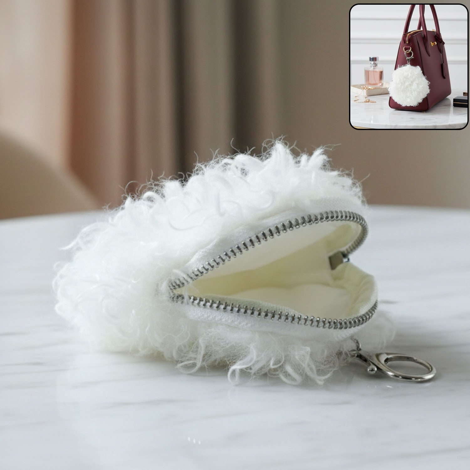 Soft fluffy mini coin purse close-up showing faux fur texture and zipper