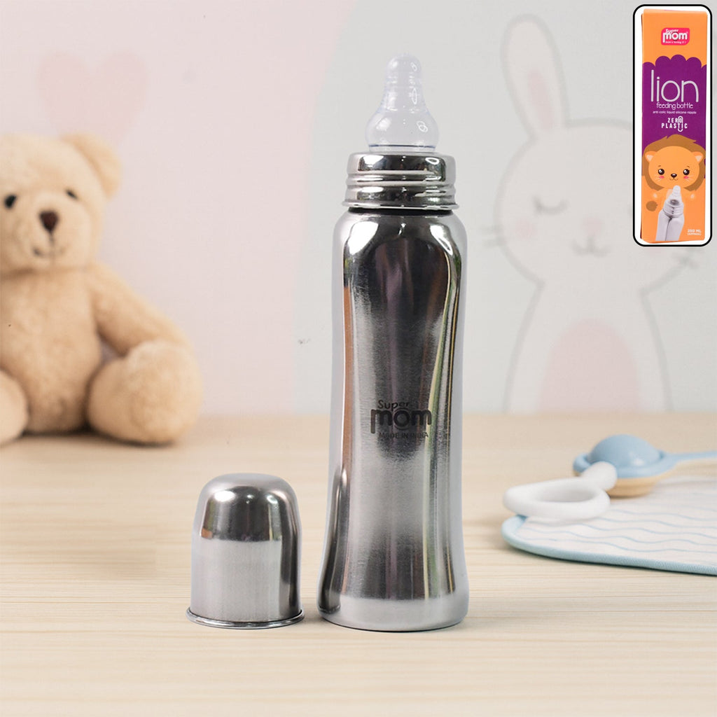 Anti-Colic Stainless Steel Feeding Bottle with Lion Design 250ml
