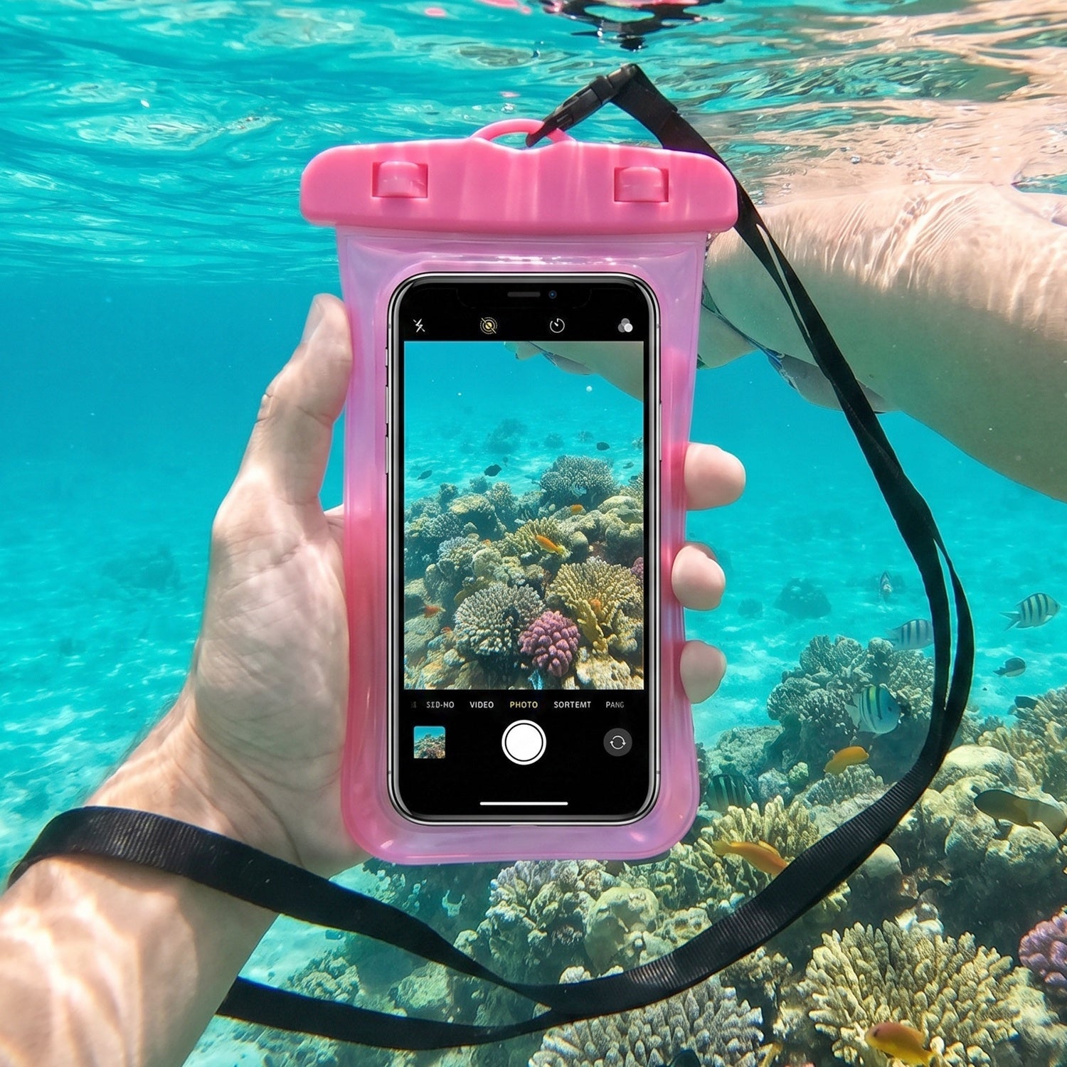 Pink waterproof phone pouch with adjustable neck lanyard