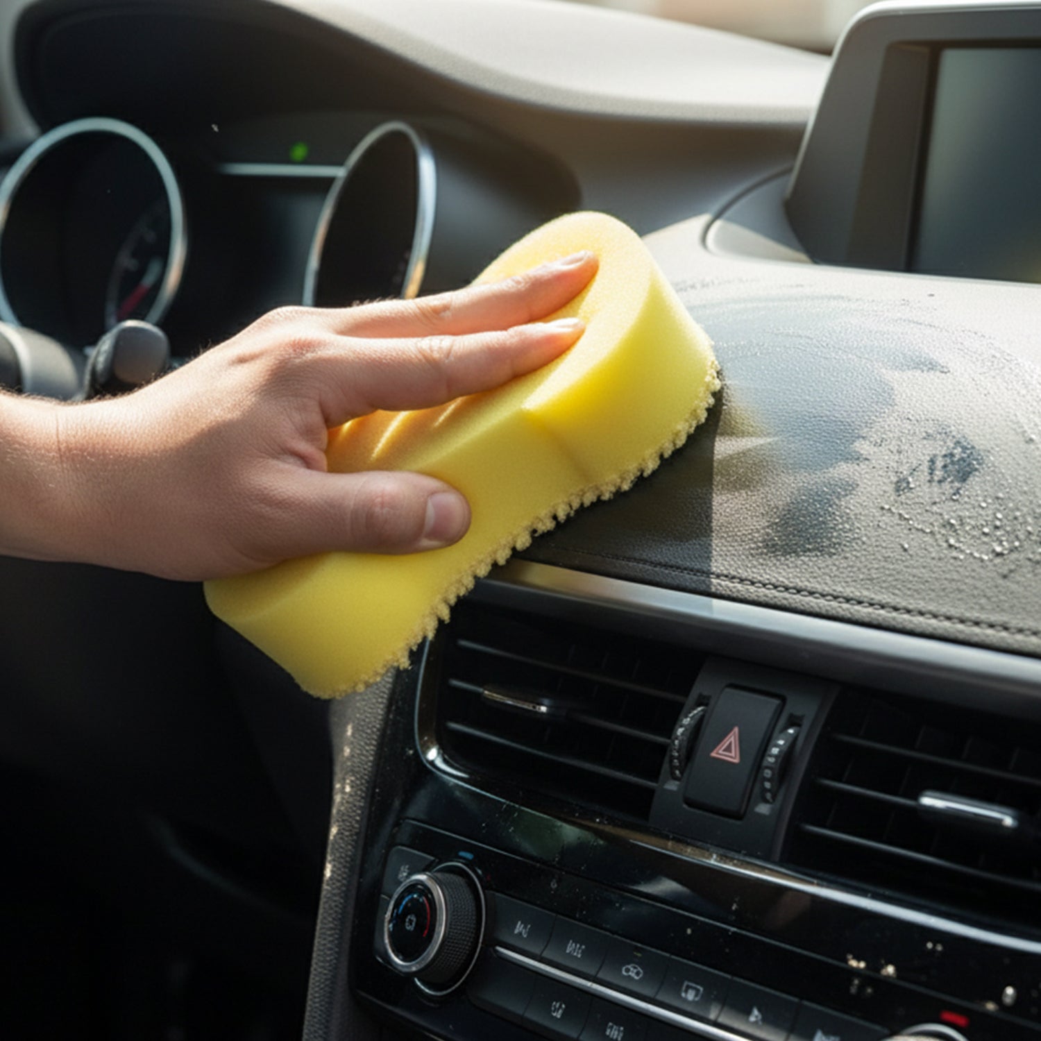 Close-up of microfiber strands on car sponge