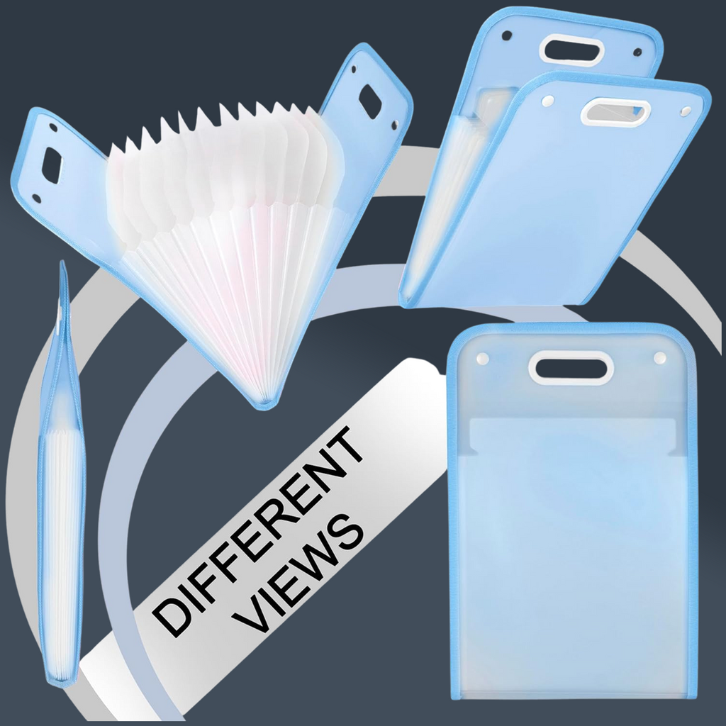 Open view of document organizer folder with 13 internal pockets