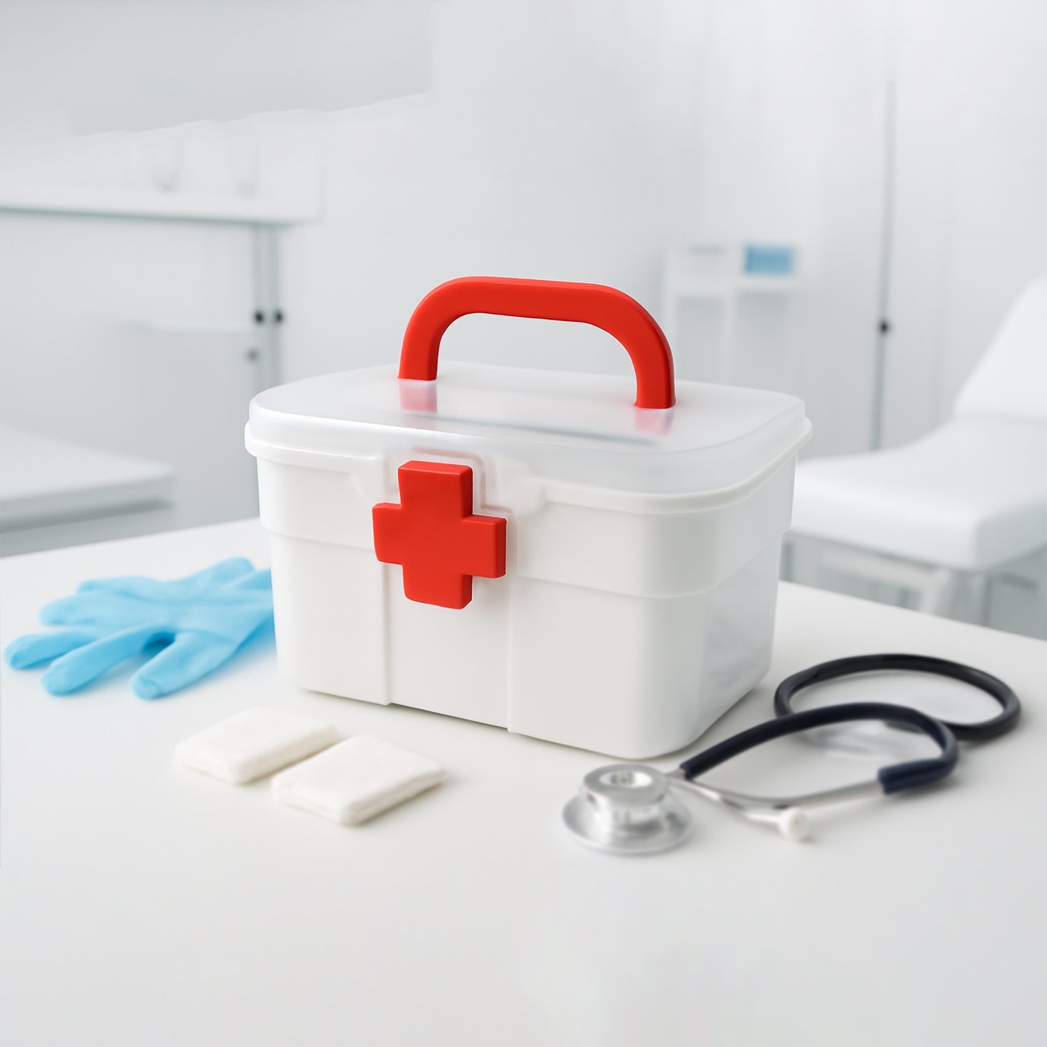 Interior view of the First Aid Box revealing a detachable tray and organised compartments.
