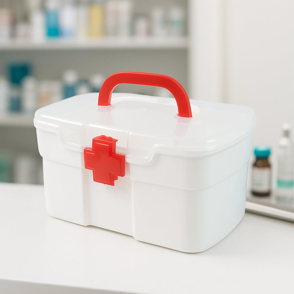 Close-up of the detachable tray from the medical utility box, highlighting its functionality.