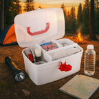 Durable plastic construction of the Organivo medicine box with its ergonomic handle.