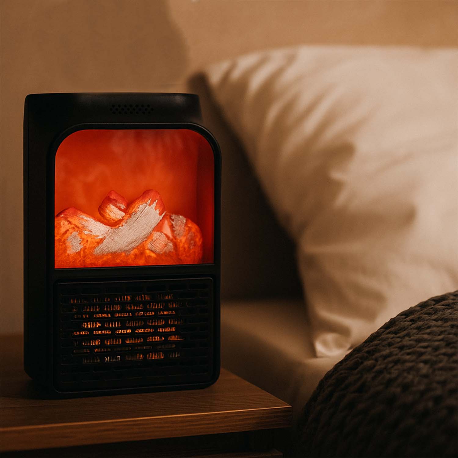 Mini electric heater placed on a bedside table for cozy bedroom warmth.