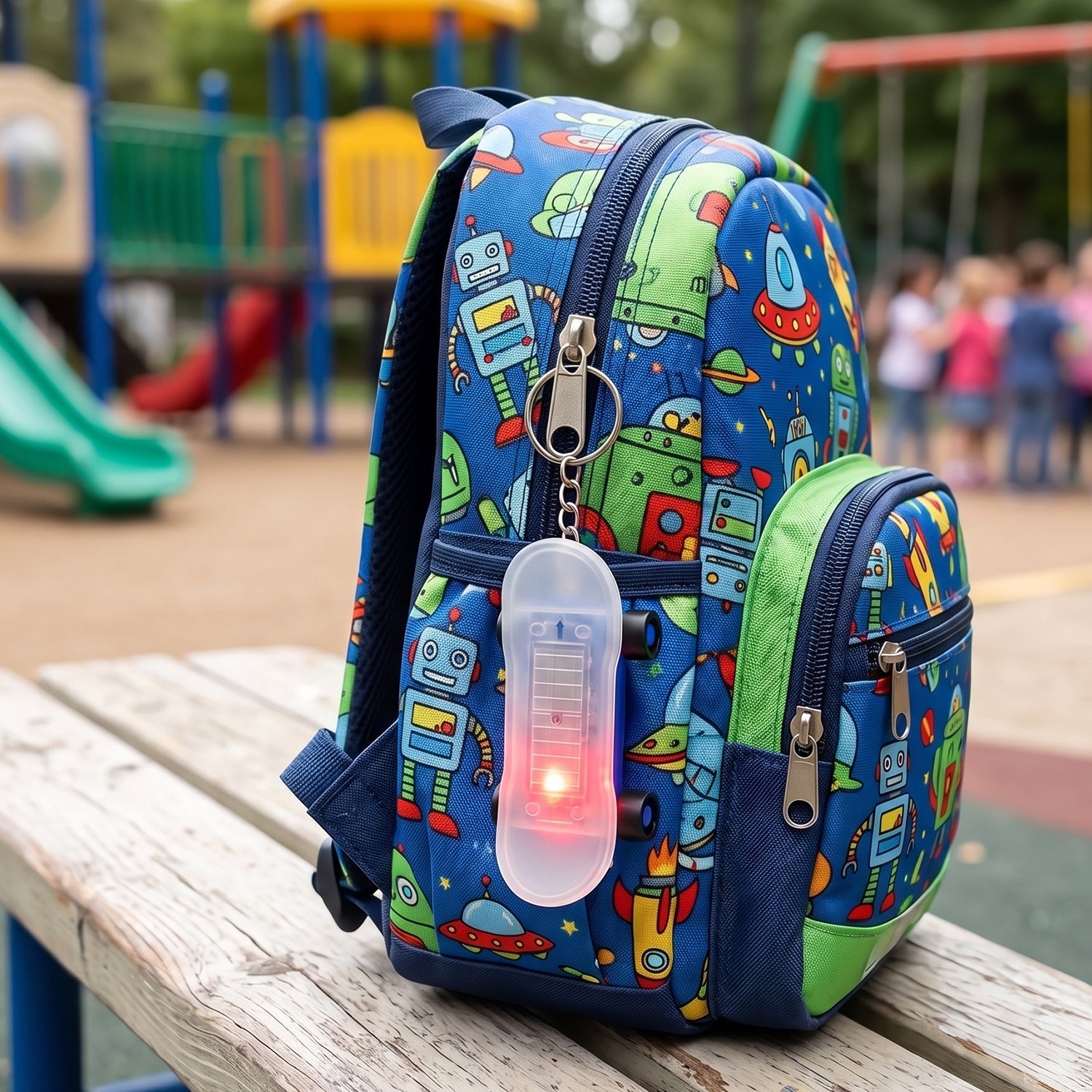 Mini skateboard-shaped LED keychain with light-up feature