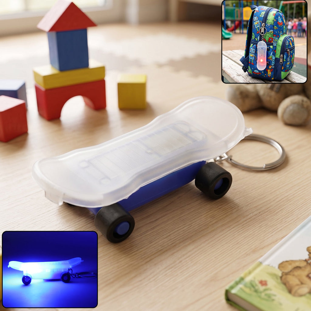 Front view of mini skateboard LED keychain