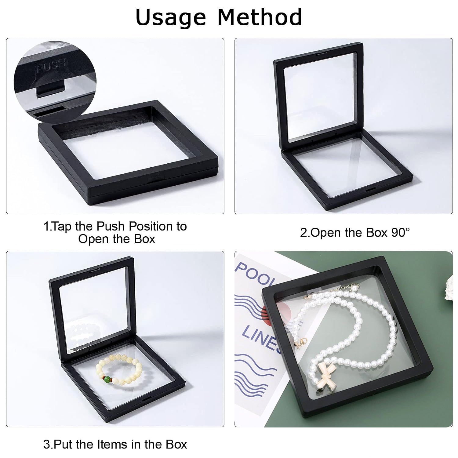 Clear floating jewellery display frame demonstrating magnetic lock